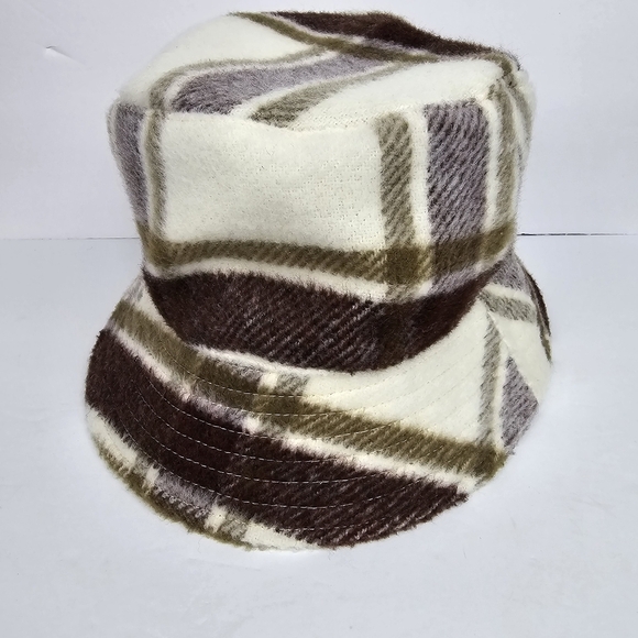 STEVE MADDEN Fuzzy Plaid Bucket Hat Y2K 90s Vibes Cream Brown‎ Womens One Size - Picture 4 of 9